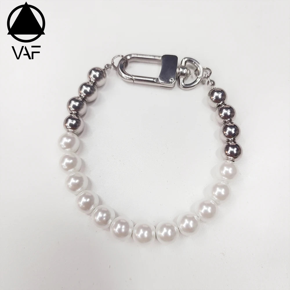 VAF Cool 20CM Half Pearl and Half Steel Ball Bracelet With Stainless Steel Carabiner Clasp Synthetic Pearls