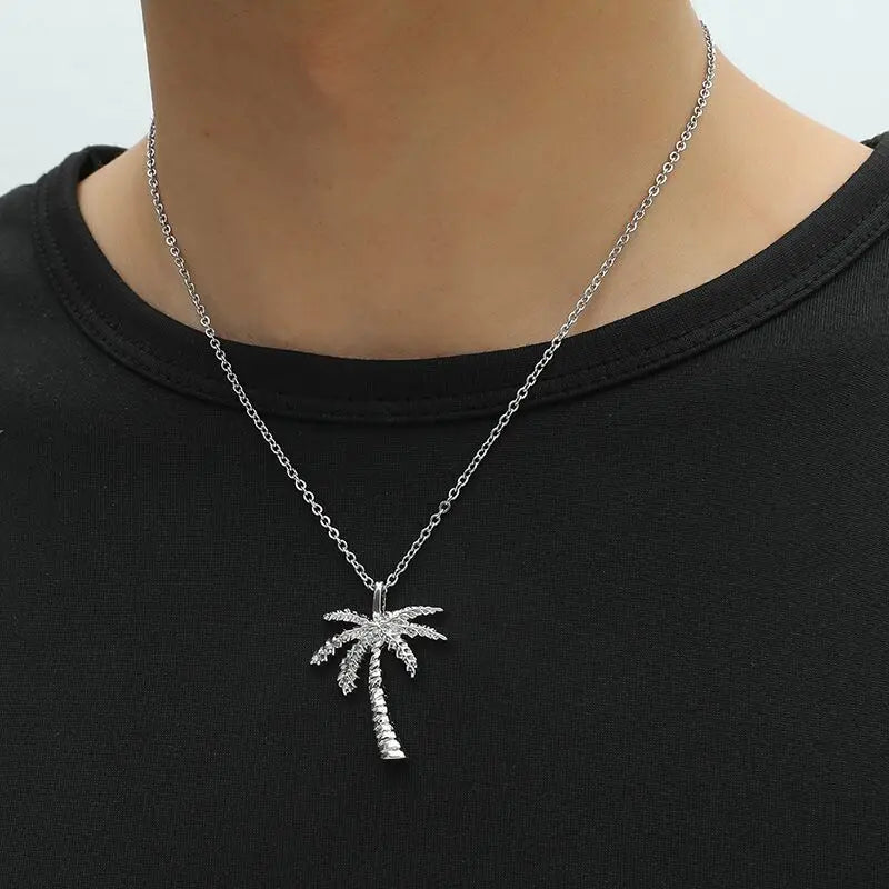 Wholesale Men's Stainless Steel 3D Palm Tree Necklace Hip Hop Vintage Statement Jewelry for Summer Beach Party