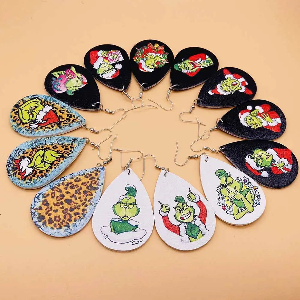 Wholesale Hip Hop Santa Hat PU Drop Earrings Leaf Monster Leopard Print for Women Trendy Mixed Teardrop Earrings 1pair/opp Bag