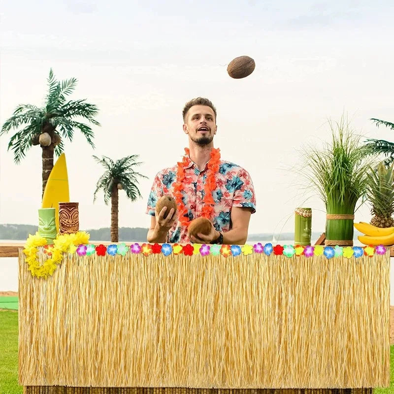 Best Selling Luau Leis Straw Grass Hawaiian Party Table Skirt Luau Party Decorations for Hawaiian Summer Party