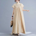 Women's Summer Fashion Dress Casual Loose Cotton Linen Long Maxi with Stand Neckline Short Sleeves Natural Waistline