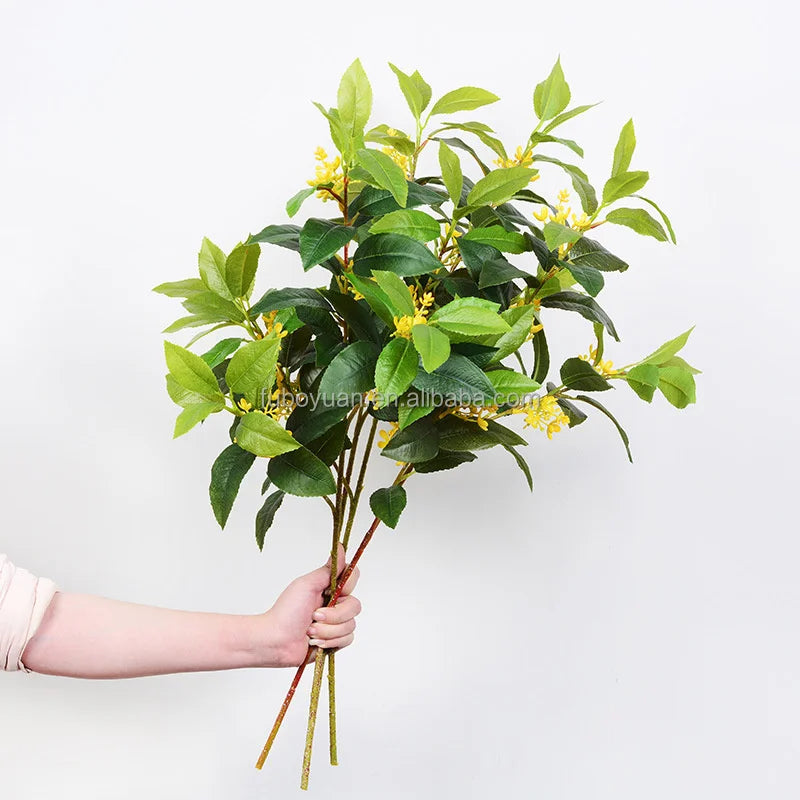 E31- Wholesale Green Yellow Osmanthus Leaves Plant Fake Flower Faux Plant Palm Leaf Artificial Leaves for Event Home Decor