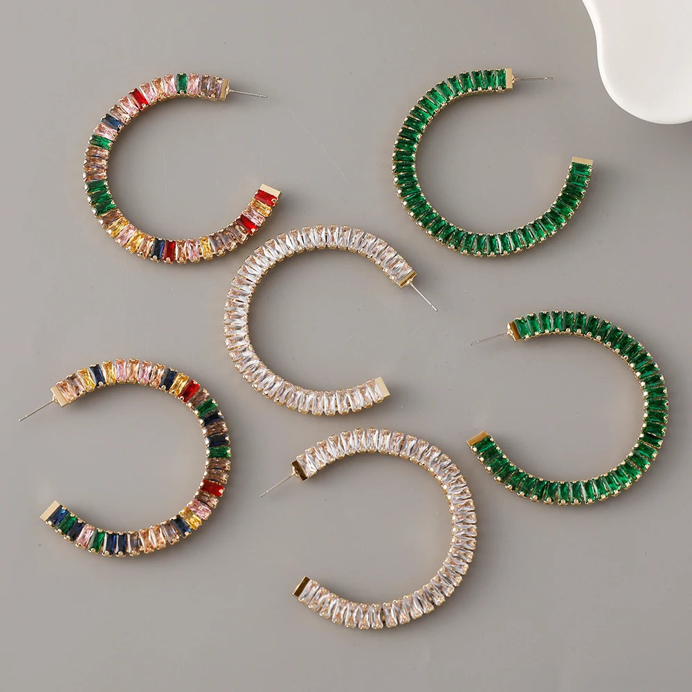 Wholesale Gold Plated Crystal Geometric Drop Earrings Large C-Shaped Hoop with Colored Rhinestone for Women for Weddings Parties
