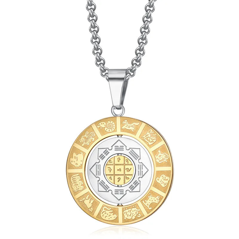 Vintage Stainless Steel Tai Chi Gossip Manjushri Pendant Necklace Creative Rotating Design with Gold Plating for Christians