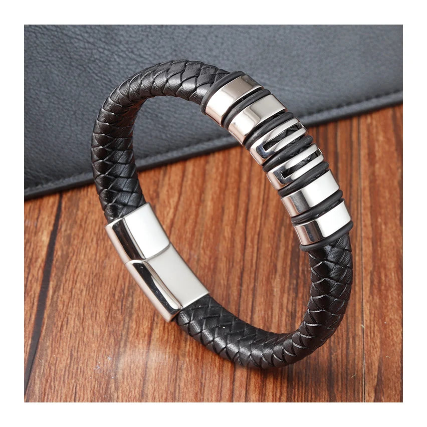 YUNSE Customized Fashion Genuine Leather Hand-woven Stainless Steel Magnetic Clasp Punk Style Unisex Charm Bracelet Gift