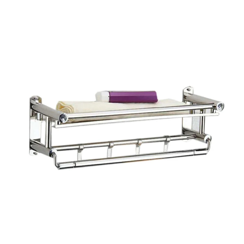 Modern Chrome Finish 201 Stainless Steel Single-tier Bathroom Corner Shelves with Towel Bar for Hotel Use