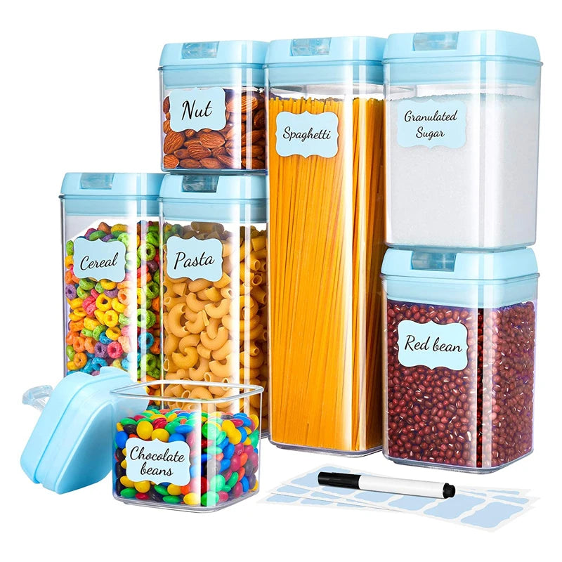 Hot Selling 7-Piece Blue Transparent Food Storage Container Set Household Kitchen Storage Sealed Jar Lid Food Grade Full Set