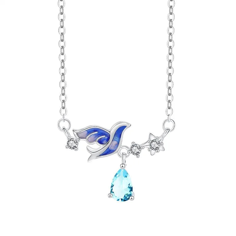 New 925 Sterling Silver Magpie Stargazer Blue Topaz Enamel Pendant Women's Necklace Jewelry
