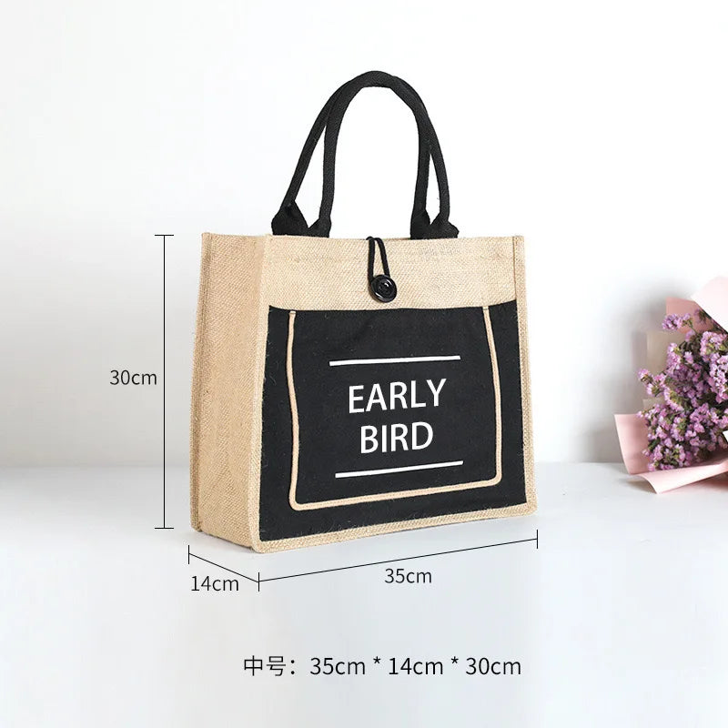 Hot Sale Women's Linen Jute Canvas Tote Bag Customized Print Waterproof Reusable Beach Burlap Handbag Fashionable Shopping Bag