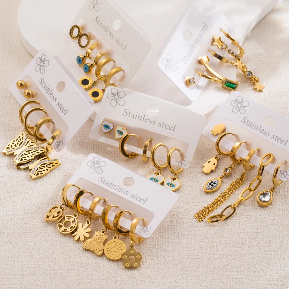 2024 3 Pairs/Set Stainless Steel Gold Plated Heart Earrings Women Tarnish Free Geometric Stud Huggie Hoop Earrings Set Jewelry