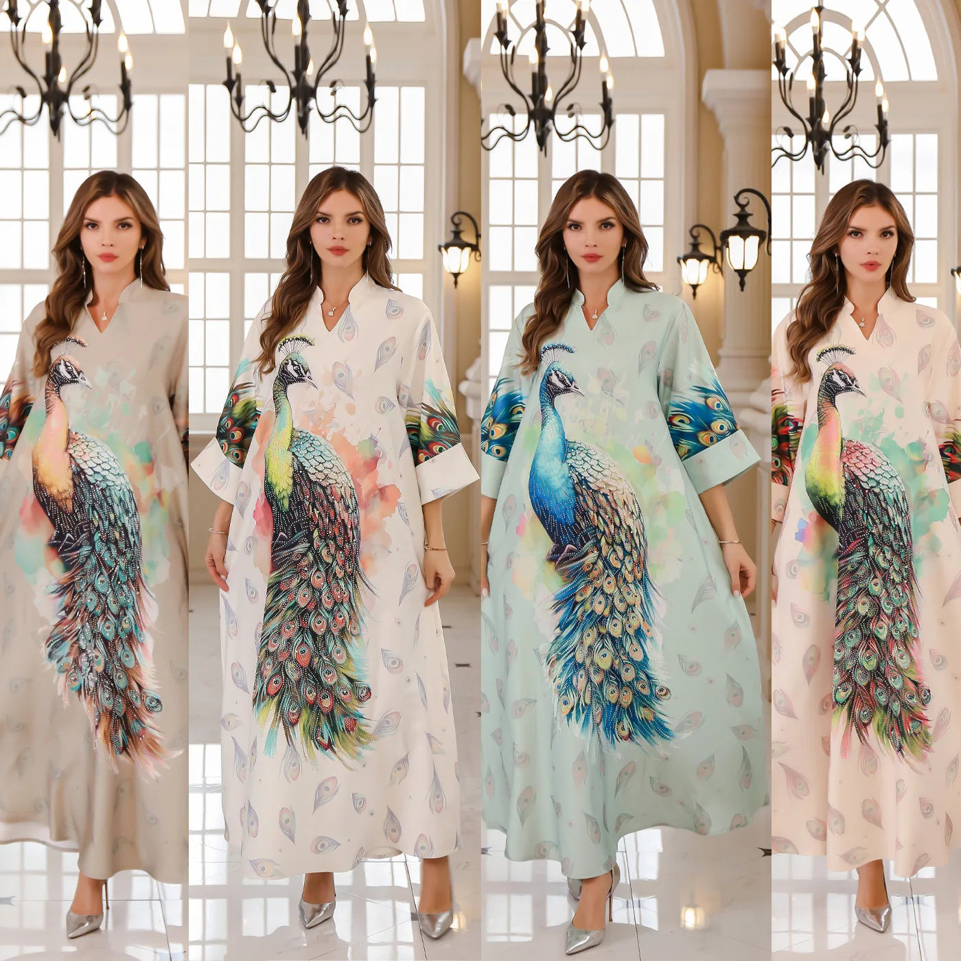Middle Eastern Muslim Women's Long Robes. Dubai and Turkish Abaya with Hot-fixed Rhinestones Long Robes.