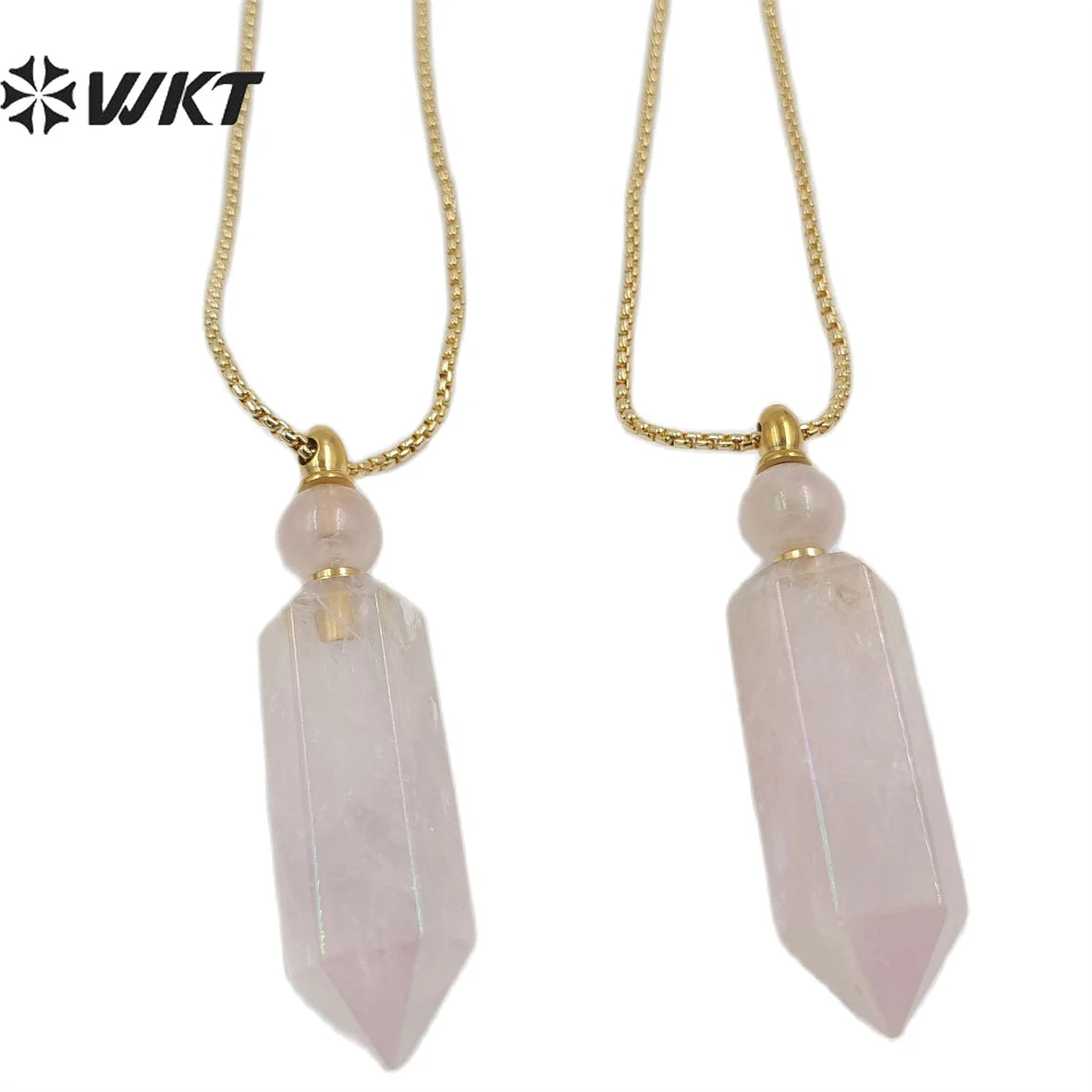 WT-N1369 Crystal Quartz Pink Crystal Hexagonal Prismatic Charming Pendant Necklace for Women Gifts Perfume Bottle Necklace