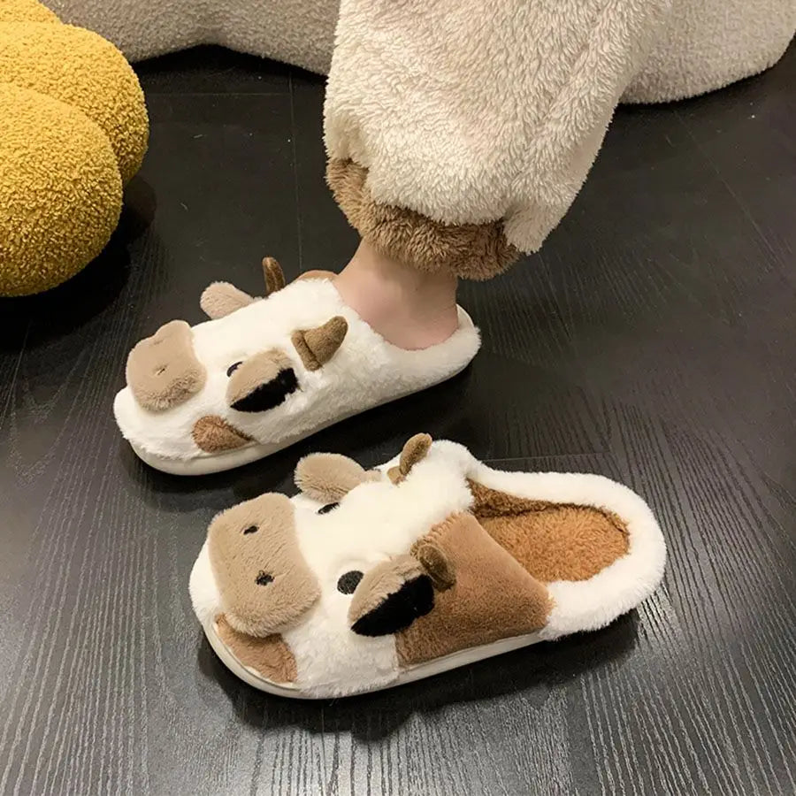 Cute Animals Cow Plush Home Slippers Women Winter Warm Fluffy Fur Home Couple's Indoor Non-Slip Slipper Kawaii Flat Slides Shoes