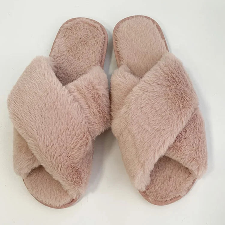 Women's Open Toe Faux Fur Slides Indoor Outdoor Comfortable Cross Strap Sandals Warm Fleece Lining Soft Fashion Bedroom Summer MegaBDM