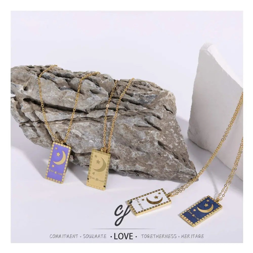 Carline Women's Trendy Tarot Card Necklace with Moon Star Pendant 18K Gold Plated Stainless Steel Link Chain Wholesale