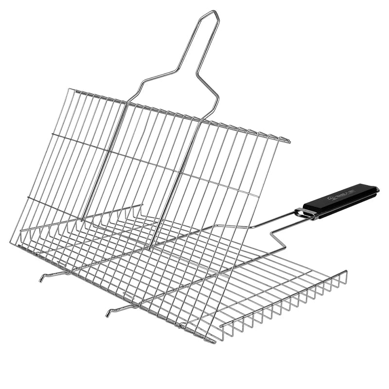 Outdoor Camping Barbecue Grilling Basket Barbecue Accessories Wooden Handle Wire Mesh Grilling Net