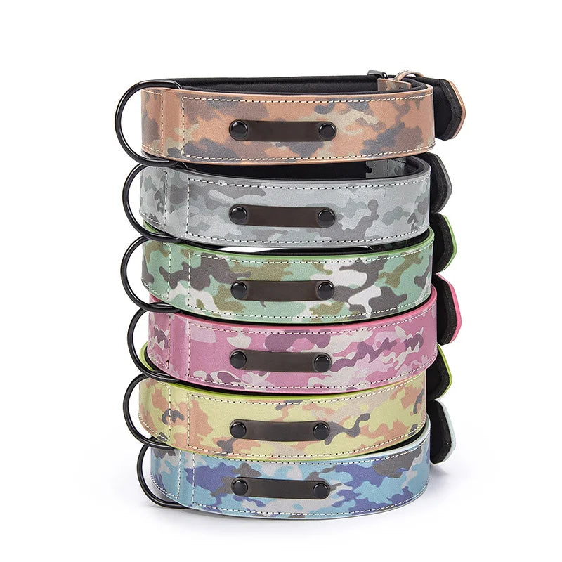 Custom Engraved Name Tag Reflective Luminous Camouflage Leather Thick Dog Collar Personalized Feature