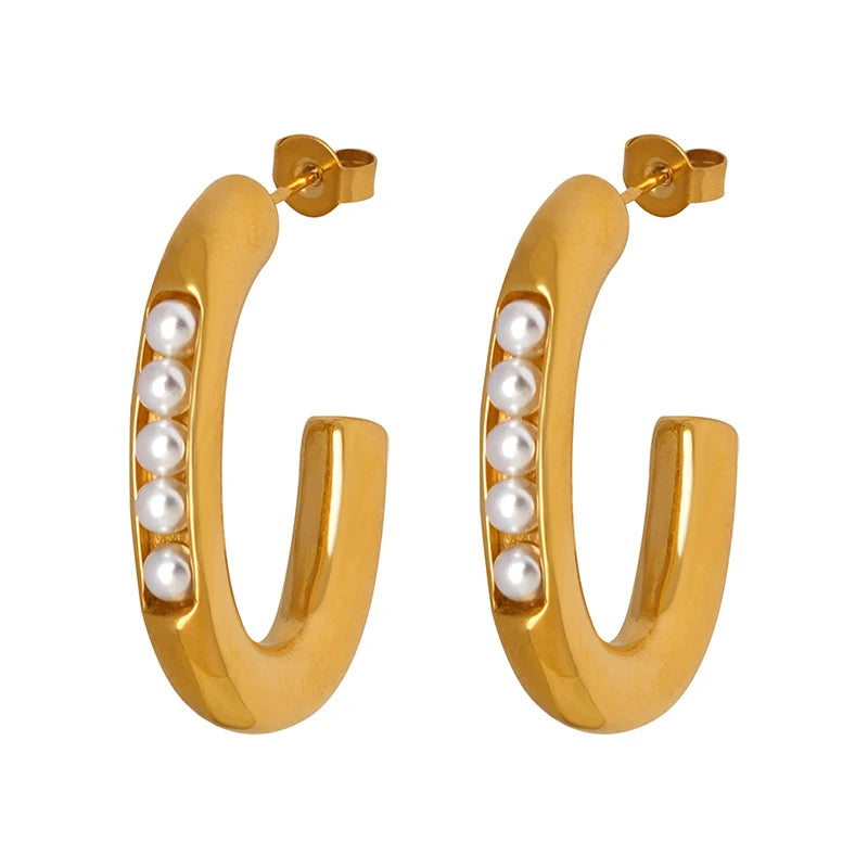Latest Factory Direct Supply Elegant 18K Gold Plated Stainless Steel Hoop Earrings Waterproof  Pearl Jewelry Trendy Fashion