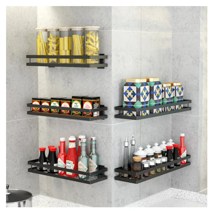 Simple Black Stainless Steel Wall Hanging Spice Rack Free Installation Metal Mesh Linear Punch Storage Holders & Racks