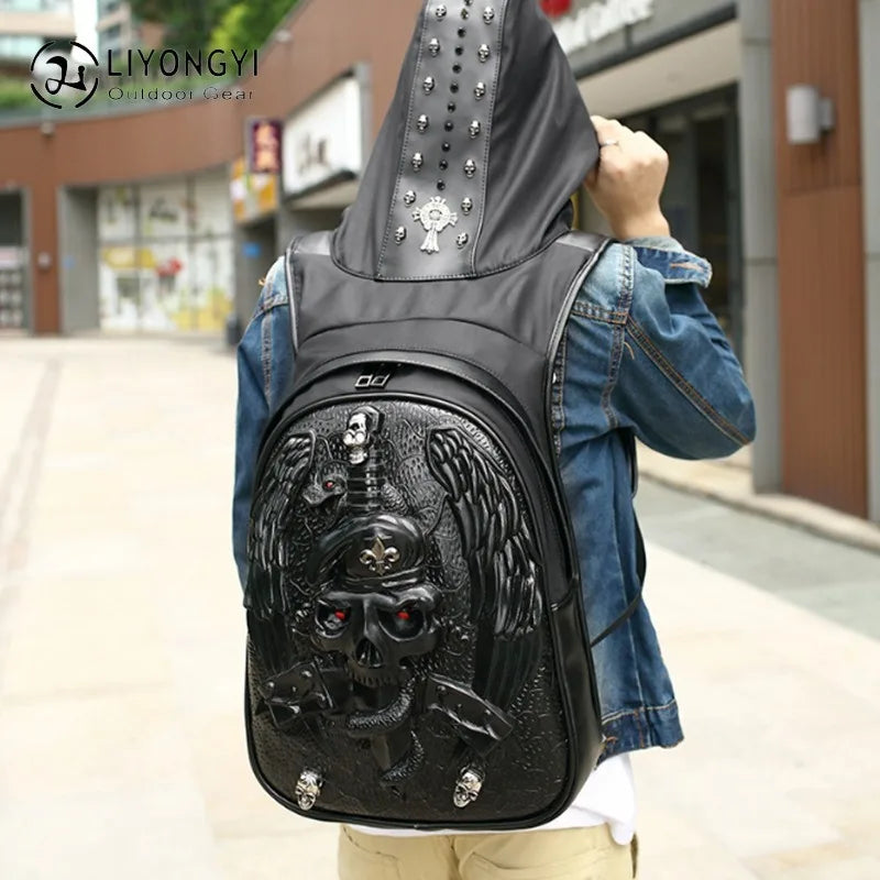 Men's Fashion 3D Stereoscopic Skull Hooded Double-Shoulder Backpack with PU Material Waterproof Zipper Closure Polyester Lining
