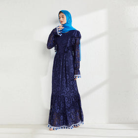 2023 Newest Hot Modest French Long Dresses Abaya Lace Printed Elegant Long Solid Color Straight Silhouette for Muslim Women
