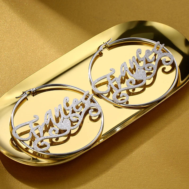 Customized Shiny Name Earrings Stainless Steel Heart-Shaped Nameplate Hoop Earrings Fashion Gorgeous Custom Handmade Jewelry