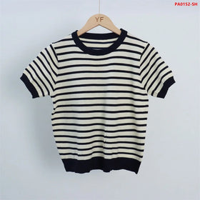 Elegant Basic Casual Summer Striped Crew Neck Short Sleeves Women's Flat Knitted Custom Sweater Manufacturer