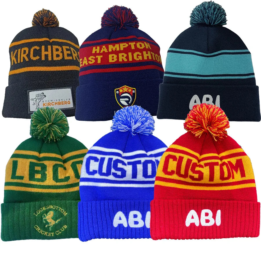Unisex Multi Color Design Knitted Toque Custom Logo Sports Pompom Football Clue Team Winter Hat Beanie Hat for Men Skiing Cap