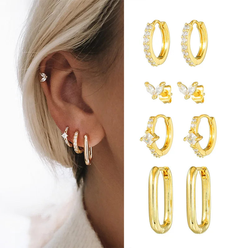 8pcs S925 Earring Studs CZ Hoop Earring Set Gold Plated Zircon Jewelry for Women for Wedding Party Engagement