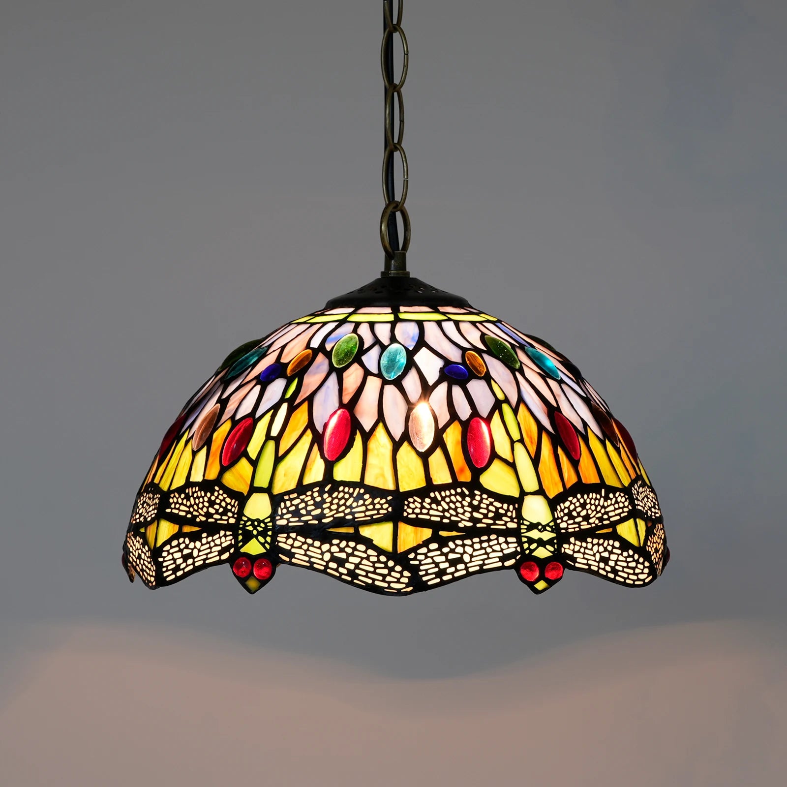 Dragonfly Tiffany Style Stained Glass Ceiling Pendant Fixture With 12 Inch Wide Complex Design Lampshade Orange