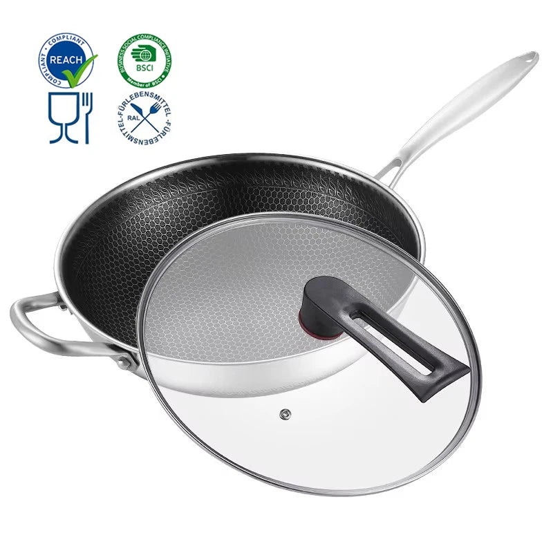 Wholesale 304 TriPly Hybrid Stainless Steel Wok Pan Non-stick Induction Honeycomb Wok with Glass Lid Eco-Friendly 18L Capacity