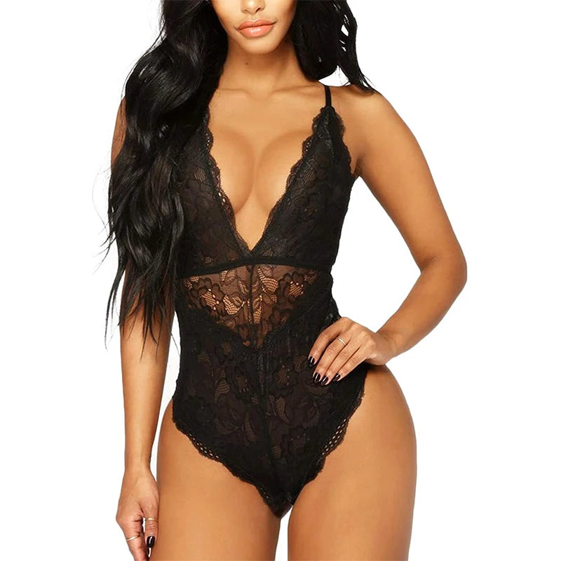 Sexy Lace Bodysuit Lingerie for Women Sheer Teddy Romper With Transparent Mesh Design for Valentines Day and Romantic Nights