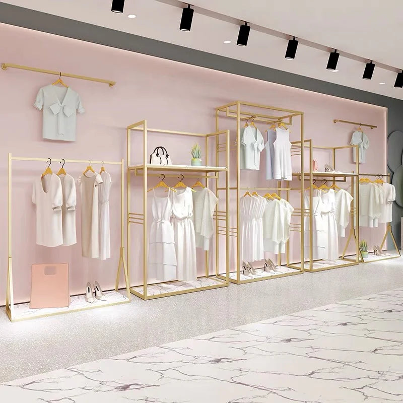 Ready to Ship Clothing Store Golden Display Stand Stainless Steel Clothes Rack Lady Boutique Shop Garment Display Racks