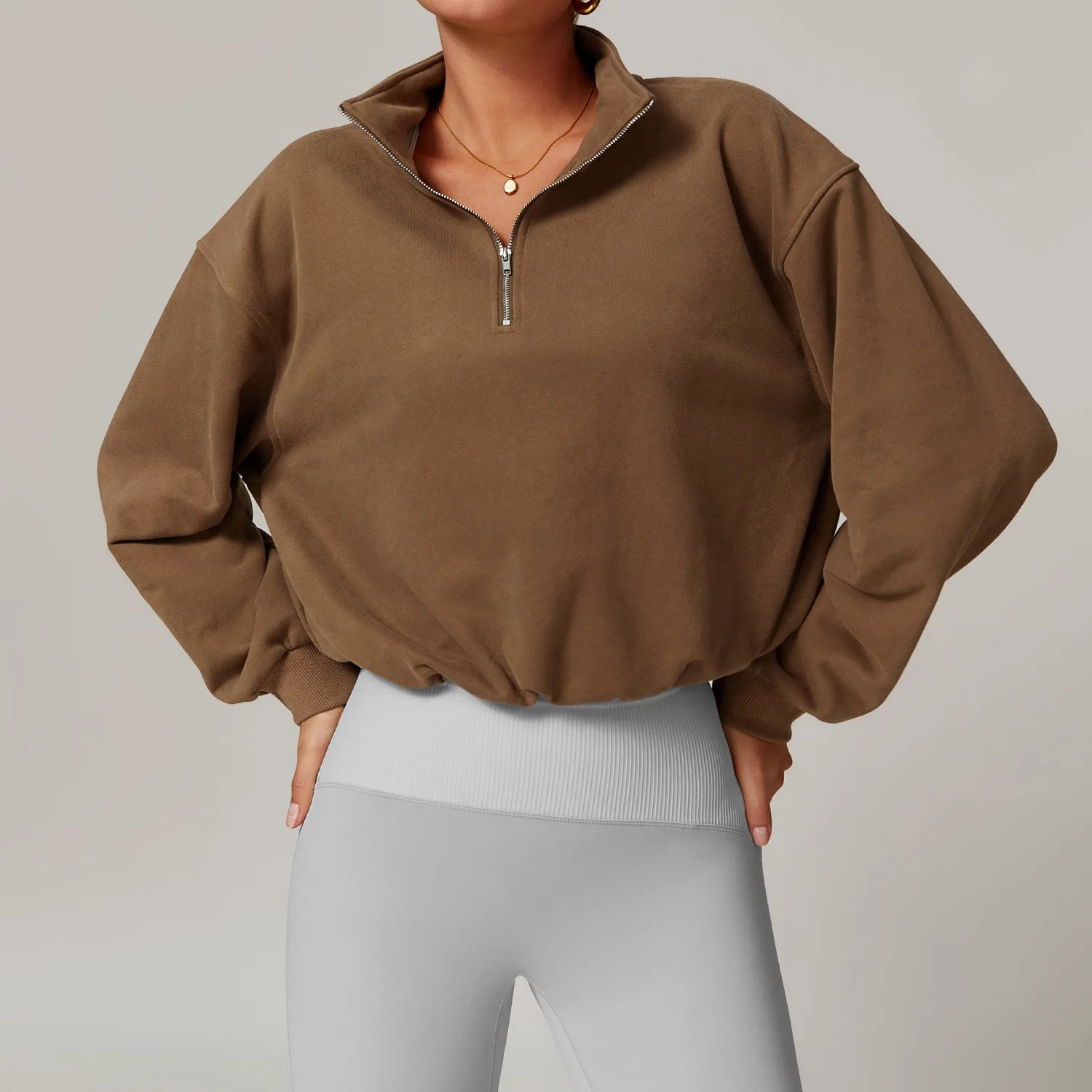 Autumn and Winter Stand up Collar Zipper Sports Hoodie Long Sleeved Women's Casual Loose Hoodie Warm Running Fitness Top