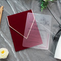 Custom Velvet Red Clear Frosted Acrylic Lucite Wedding Invitation Envelopes with Gold Foil Cards