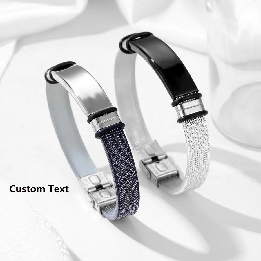 Customized Stainless Steel Id Bar Braided Waterproof Bangle Silicone Bracelet Custom Sport