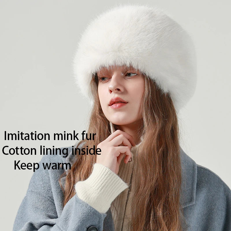 Winter Russian Cossak Women Thickened Faux Mink Fur Fluffy Plush Fuzzy Cotton Lining Ski Bucket Hat