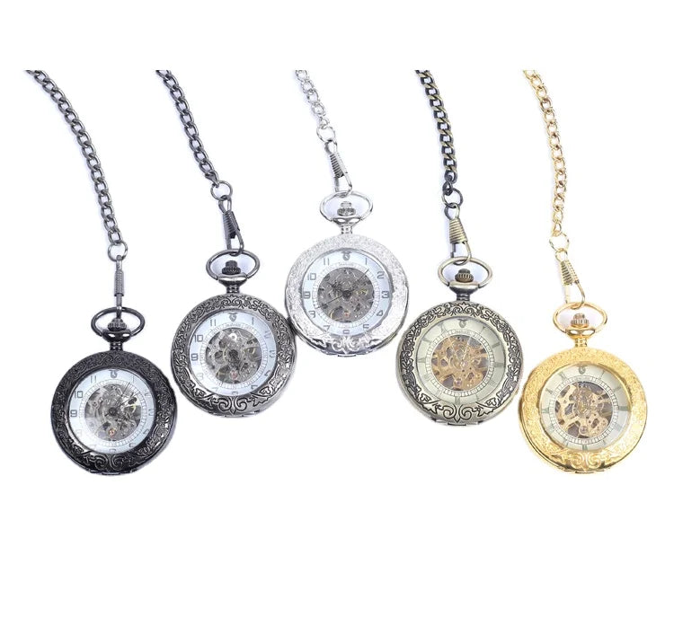 Mixed 5Colors Antique Skeleton Hollow Mechanical Watches Hand Winding Mechanical Pocket Watch