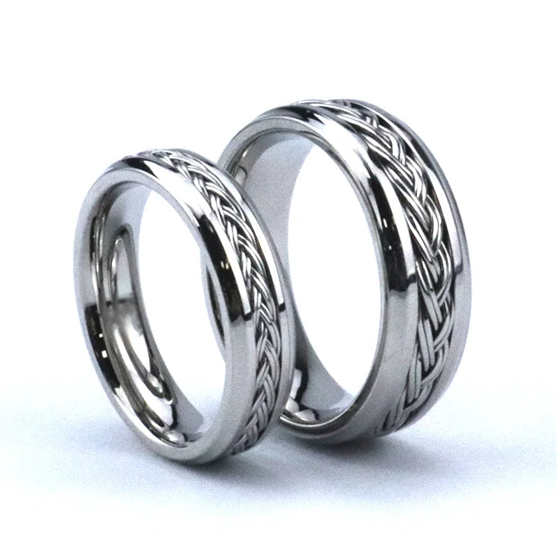 Silver Color Braided Cable Inlay Wedding Titanium Band His and Hers Matching Rings