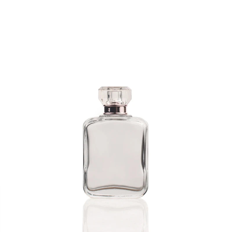 Wholesale 55ml Square Thick-Soled Transparent Empty Perfume Glass Bottle Luxury Pump Lid Screen Printing Custom Color Flat Shape