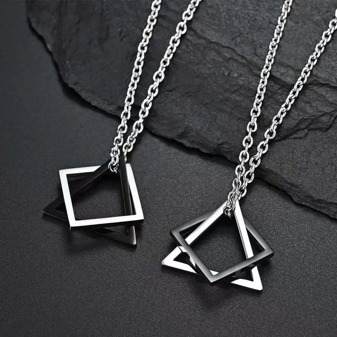 Geometry Interlocking Square Double Triangle Male Pendant for Men Modern Geometric Stacking Streetwear Stainless Necklace