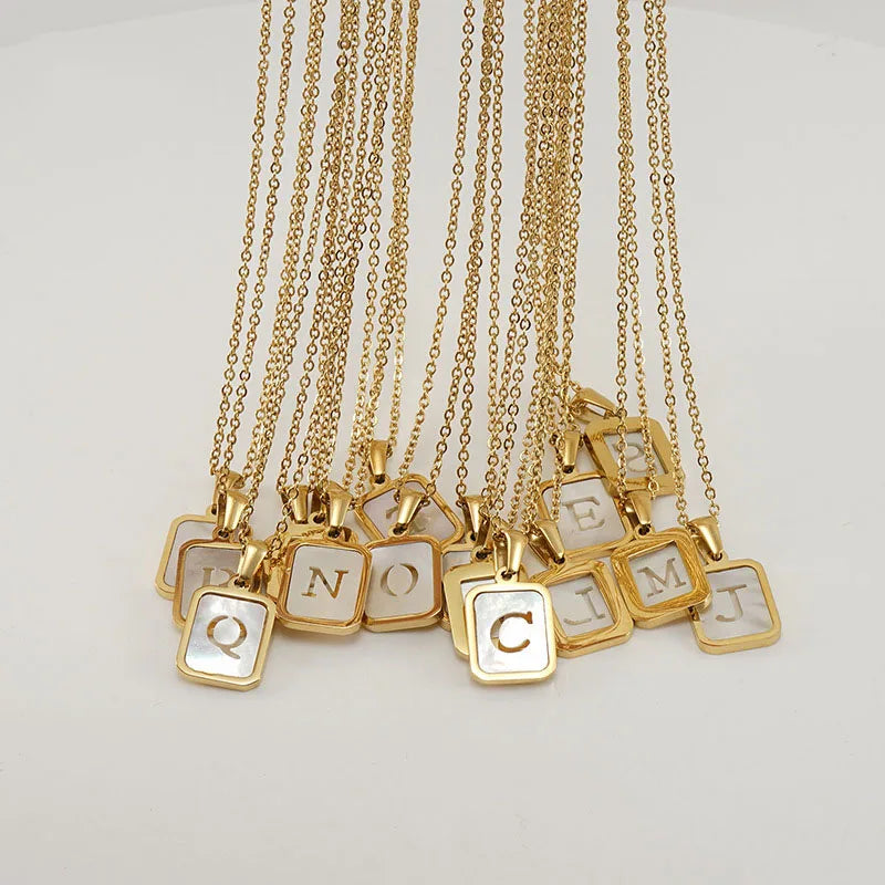 Hollow Shell Letter Necklace New Arrival 18K Gold Plated Geometric Square White Shell Pendant Initial Necklace for Women