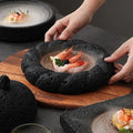 Japanese Artistic Concept Eco-Friendly Bone China Ceramic Bowls Volcanic Stone Hotel Tableware Sushi Seafood Presentation