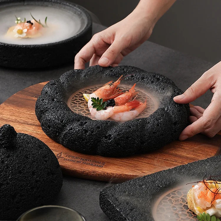 Japanese Artistic Concept Eco-Friendly Bone China Ceramic Bowls Volcanic Stone Hotel Tableware Sushi Seafood Presentation