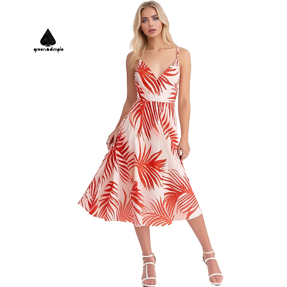 Green Dimple Summer Print Off Shoulder Floral Beach Holiday Vacation Midi Long Dress Women Beach Hawaiian Long Dress