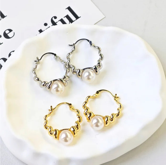 Ilona Minimalist Twisted Pearl Huggie Hoop Earrings Gold Silver Plated Copper Small Hoops French Style Everyday  Wear Jewelry