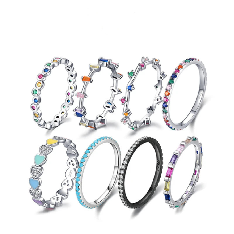 Daidan Sterling Silver Rings 925 Ladies Fashion Thin Stackable Multicolor Rainbow Zircon Ring