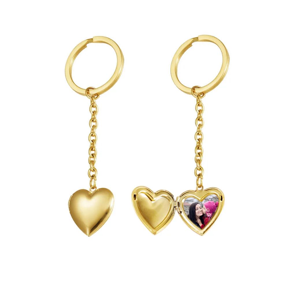 Stainless Steel Heart Locket Gold Keychain Customized Logo DIY Photo Key Chains