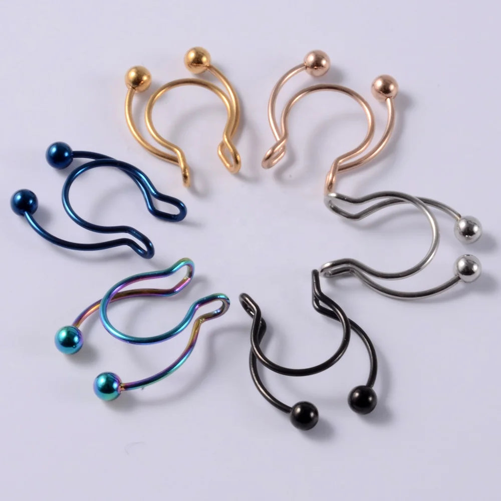 Antler Shaped Stainless Steel Stone Septum Rings Clip-On Fake Nose Hoop Wire Cuff Steel Ball Cone Body Non-Piercing Steel