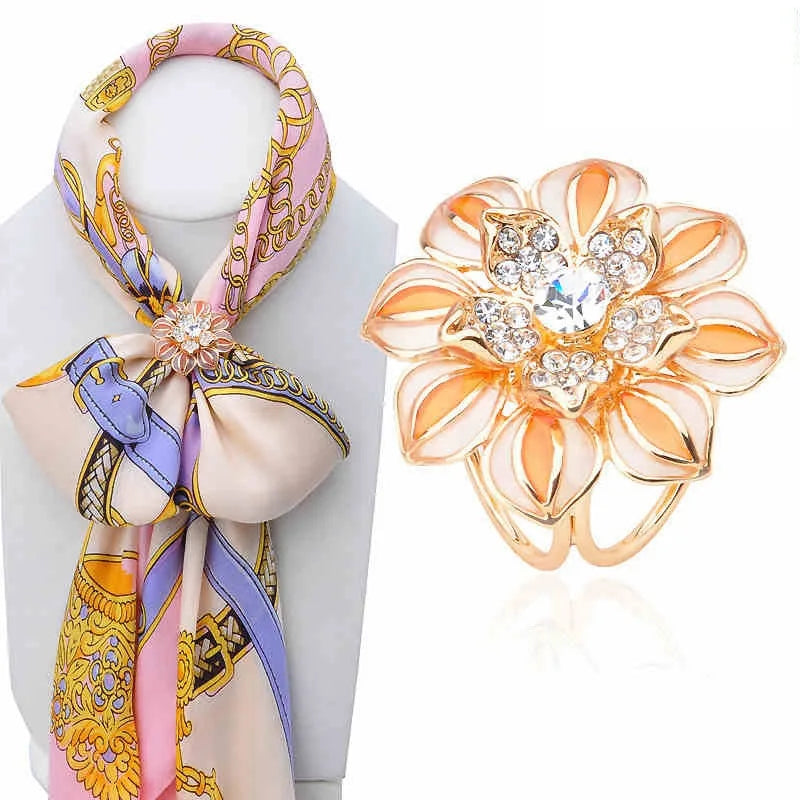 Jachon Fashion Hollow Camellia Three-ring Scarf Jewelry Scarf With Diamond Alloy Enamel Scarf Buckle Ring Clip for Women